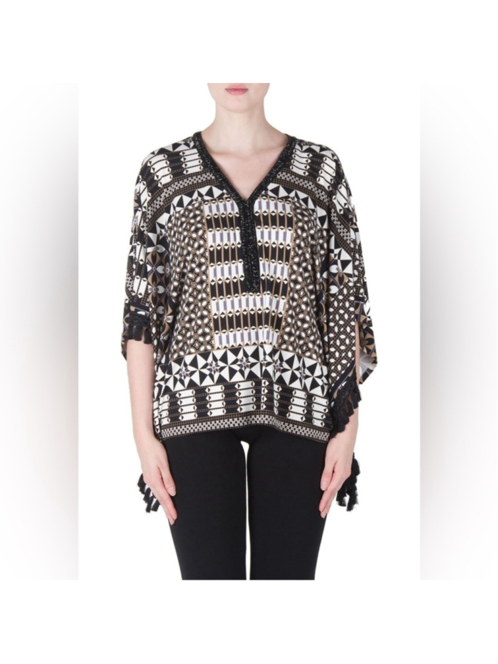 Joseph Ribkoff Geometric print poncho top beaded detail fringe hem loose sz 18